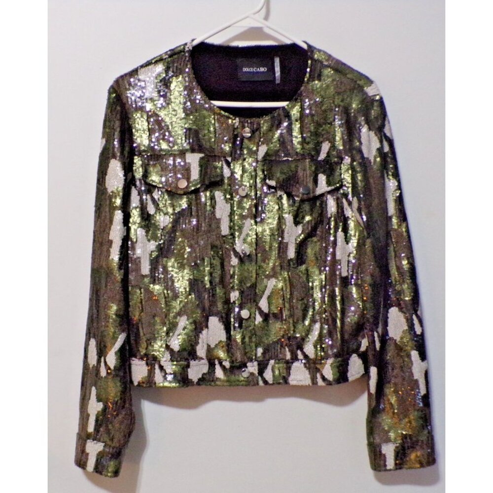 Dolce Cabo Camouflage Sequined Snap Closurer Jacket Size Small Two Front Pockets